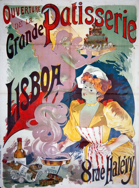 为巴黎 "里斯本大糕点店开业 "做广告的海报，约1895年（彩色平印）。 作者 埃米尔·乔治·吉兰（Emile Georges Giran）