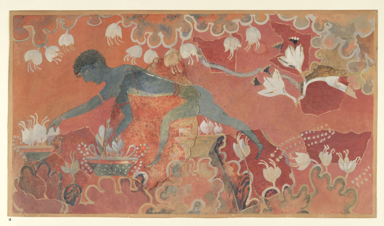 克诺索斯米诺斯宫殿壁画《蓝猴藏红花采集者》（埃文斯壁画素描 L/3 a）），约 1921 年（纸张、颜料） 作者 埃米尔·吉列隆（EmileGilliéron）
