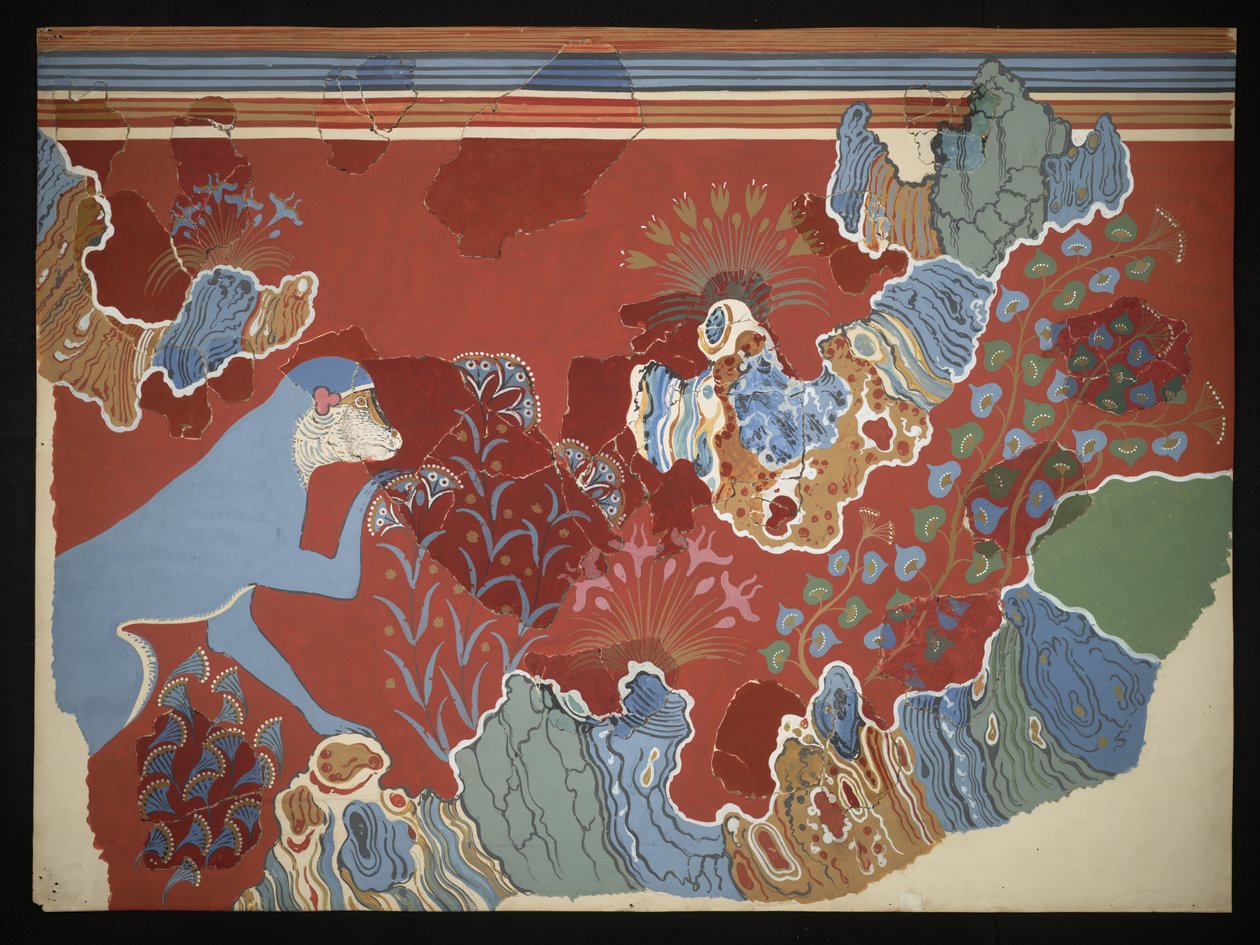 克诺索斯壁画馆壁画《岩石景观中的蓝猴》（埃文斯壁画素描 C/6），约 1928 年（纸张、颜料） 作者 埃米尔·吉列隆（EmileGilliéron）