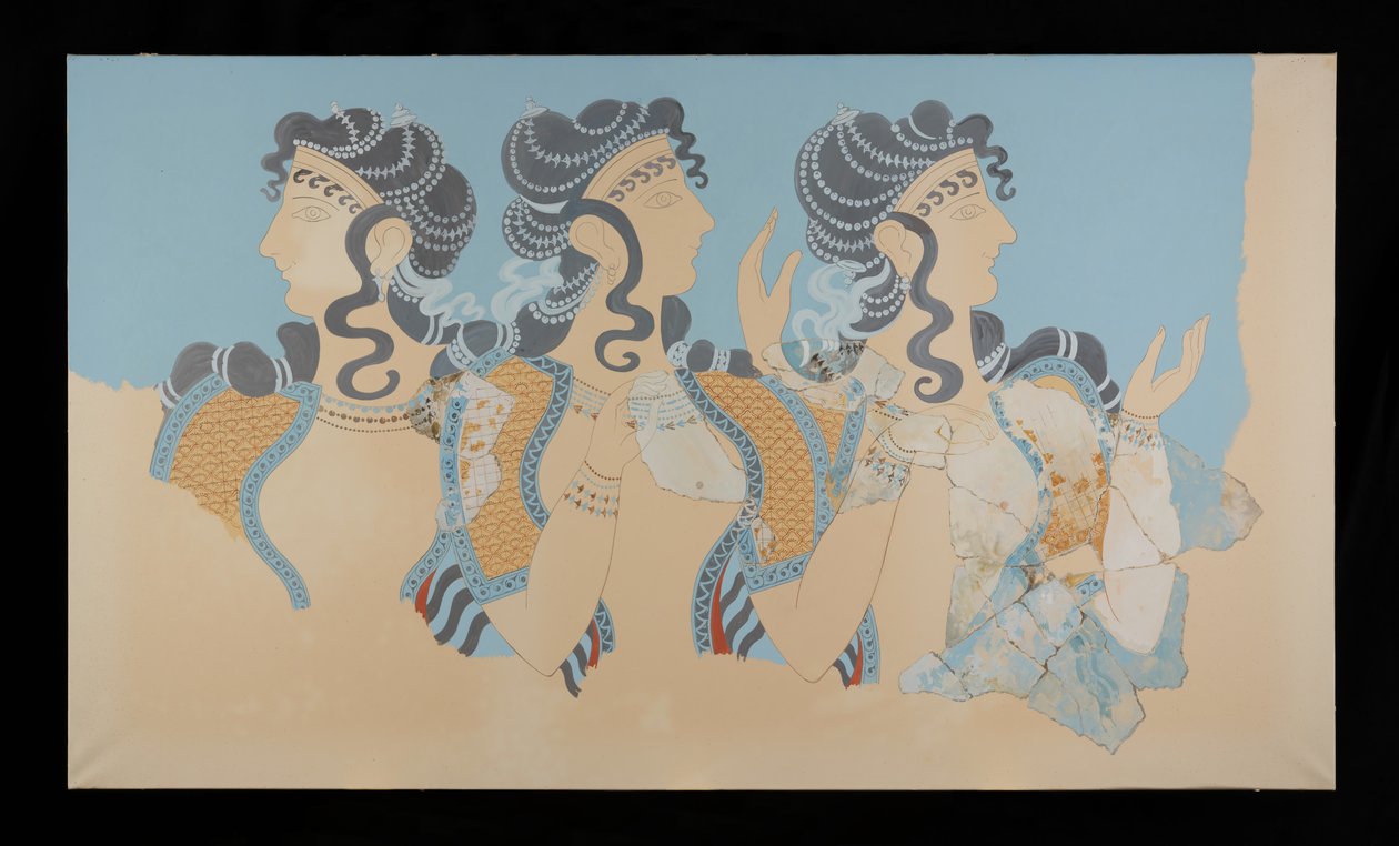 克诺索斯米诺斯宫殿蓝色壁画中的修复女士绘画（埃文斯壁画素描 O/7） 作者 埃米尔·吉列隆（EmileGilliéron）