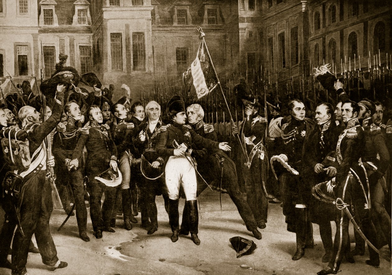 1814年，拿破仑在Fontainbleau与他的将军告别，来自“哈钦森的英国民族故事”，c.1923 作者 埃米尔·让·霍勒斯·韦尔内