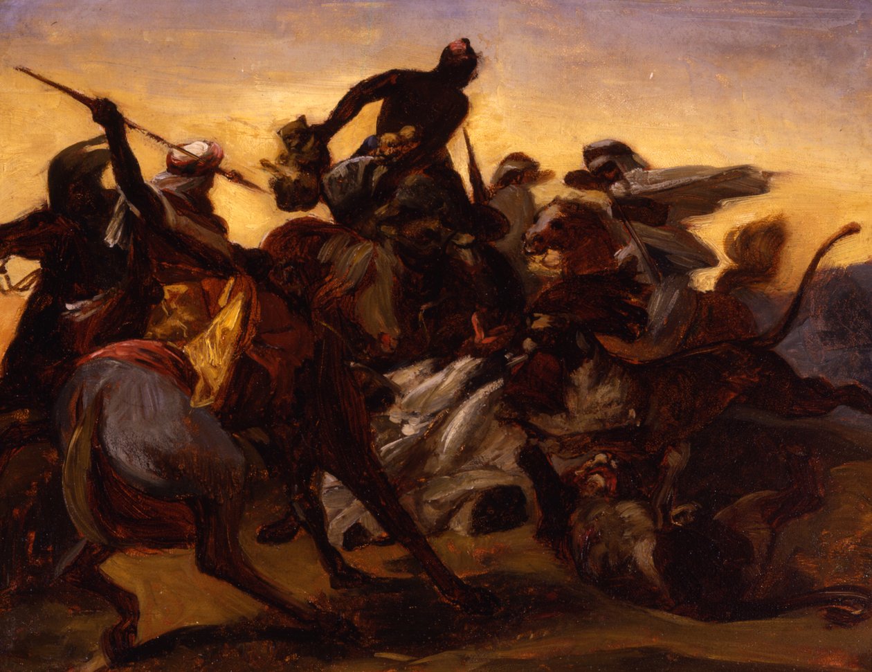 The Lion Hunt的素描，第1836页（纸上放油） 作者 埃米尔·让·霍勒斯·韦尔内