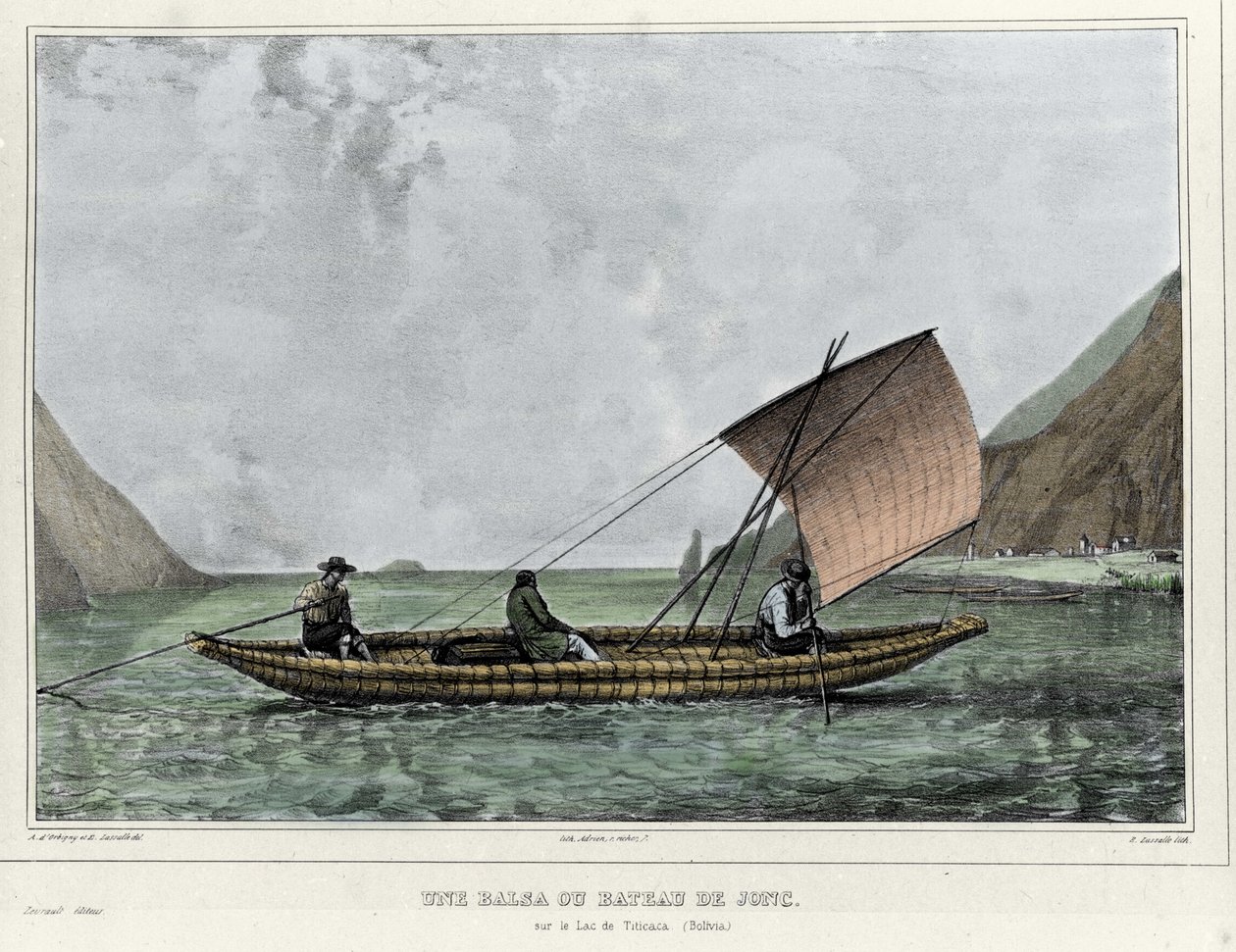 的的喀喀湖（玻利维亚）上的轻木或轻舟。 埃米尔·拉萨尔 (1813-1871) 的石版画 - 在 Alcide D