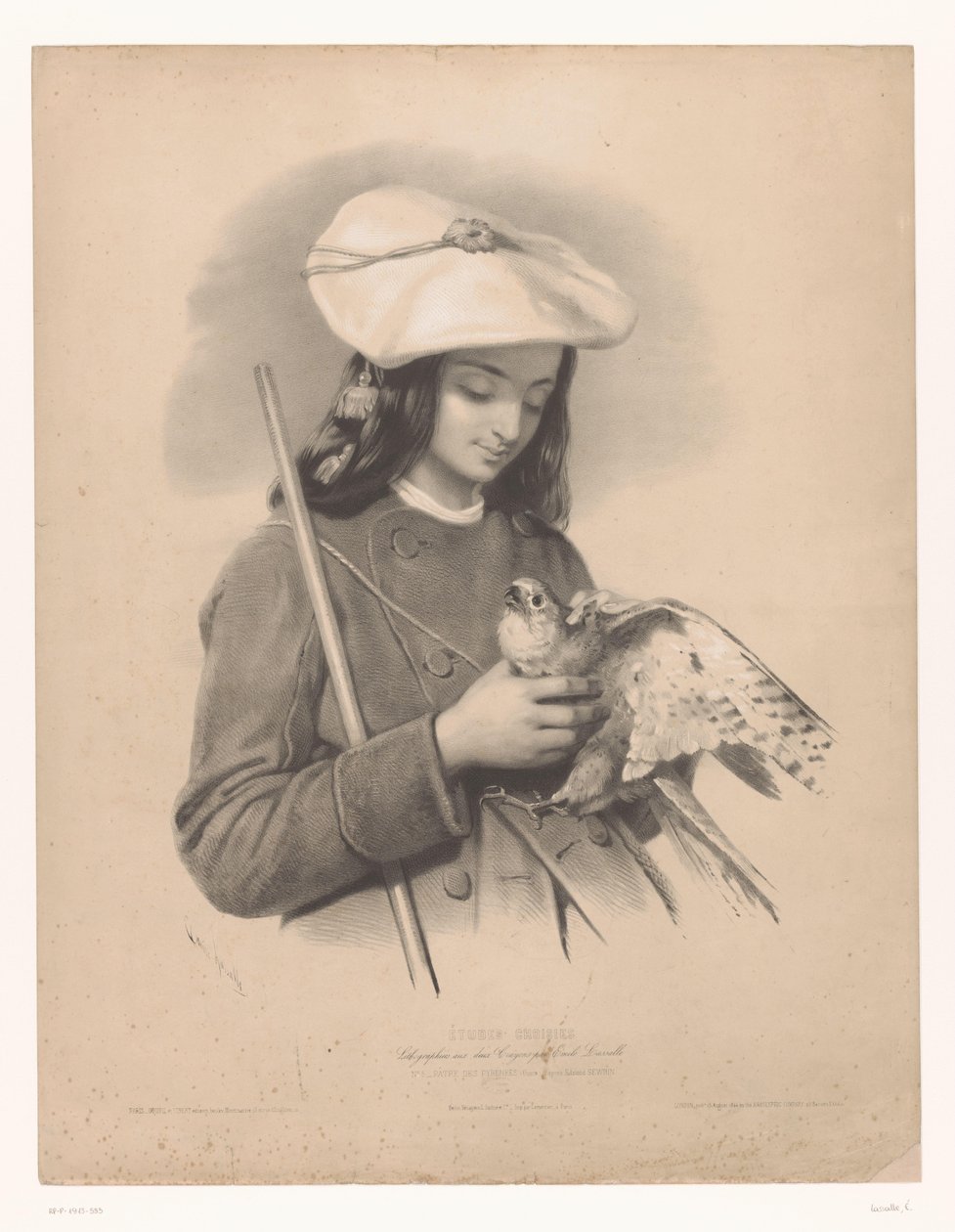 来自比利牛斯山脉的牧羊人手里拿着一只猎鹰 Pâtre des Pyrenees (Ossun)（物体上的标题） 选定艺术家的研究（系列名称） Études choisies（对象上的系列标题） 作者 埃米尔·拉萨尔（Emile Lassalle）