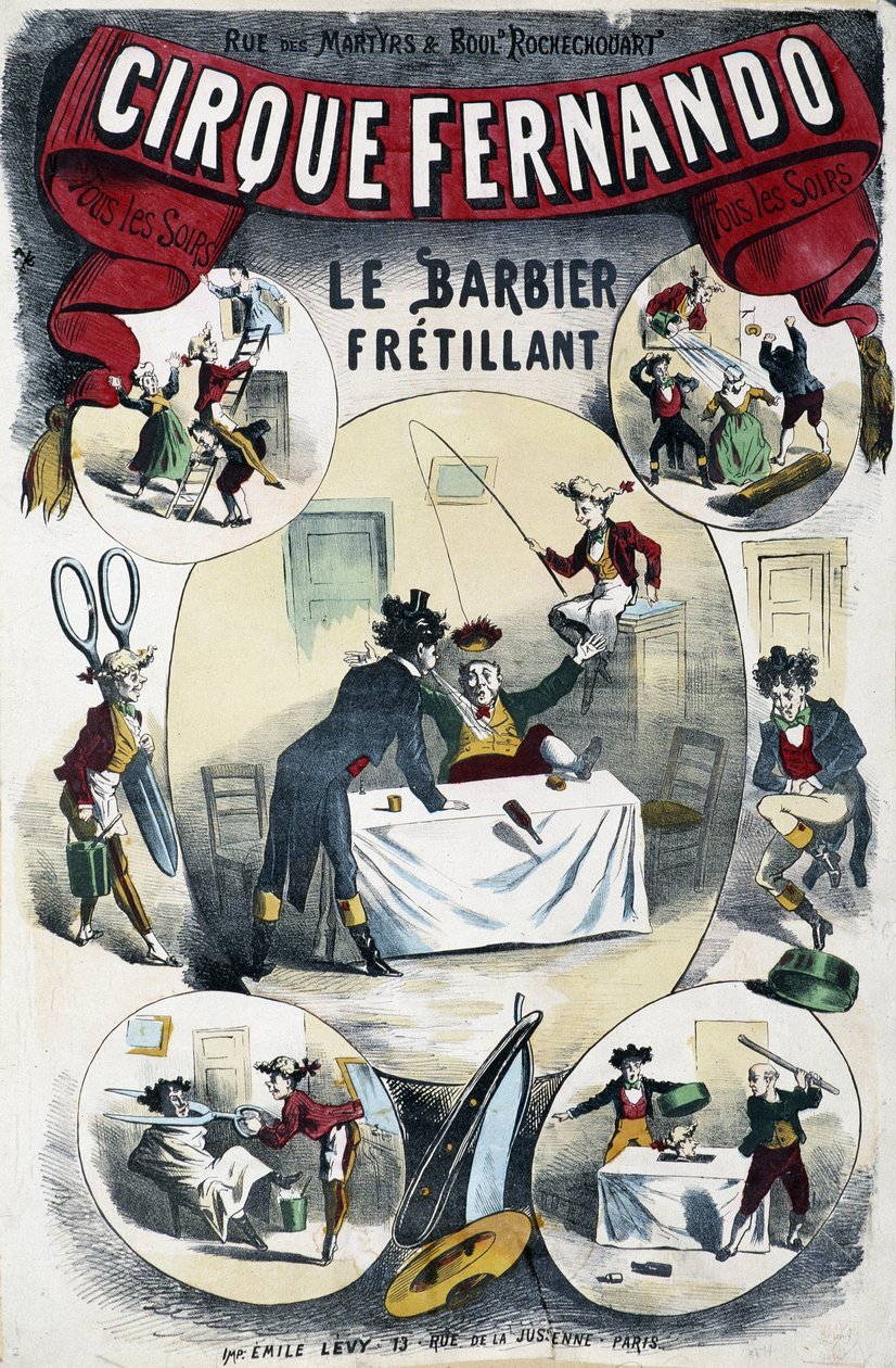 Cirque Fernando: The Writing Barber - Lévy 海报，19 世纪末 作者 埃米尔利维