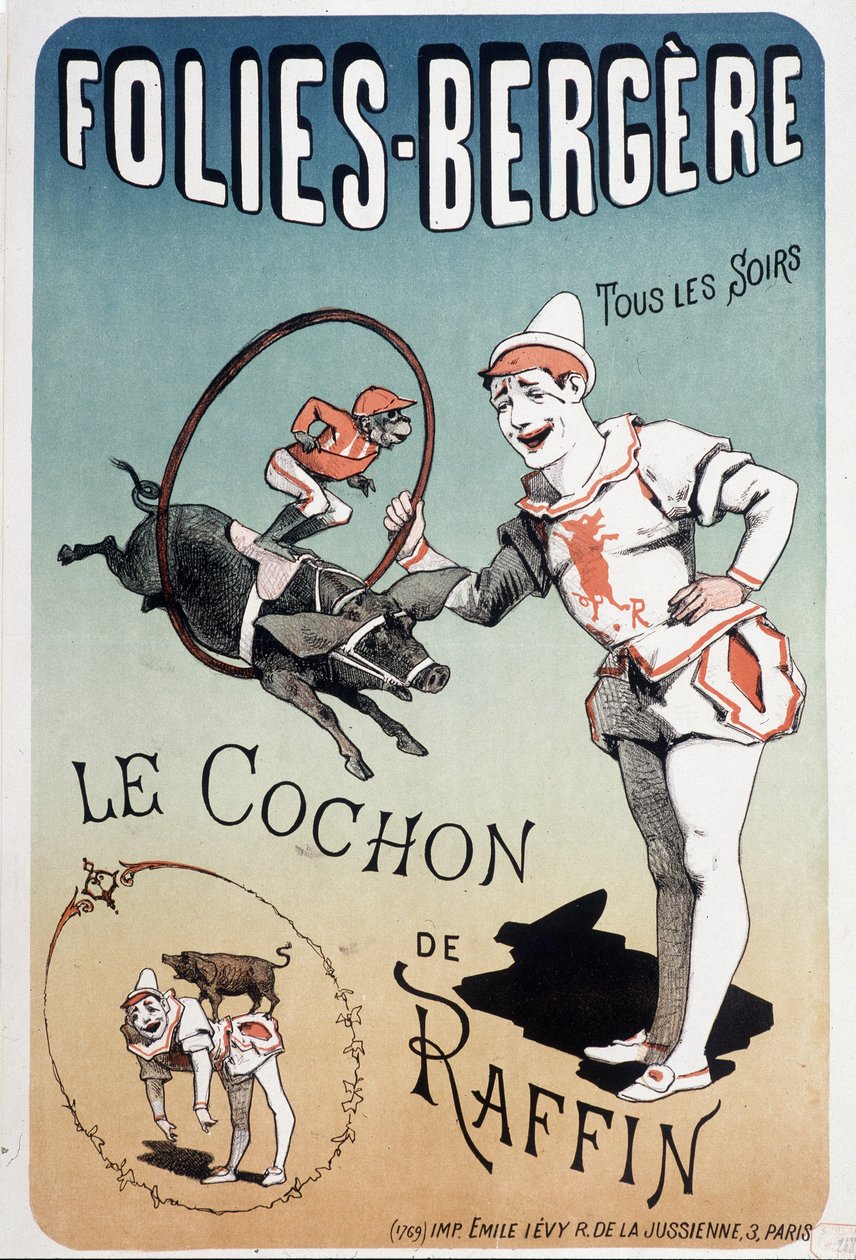 展示：拉芬的猪，在 Folies-Bergere - Lévy 的海报，19 世纪后期。 作者 埃米尔利维