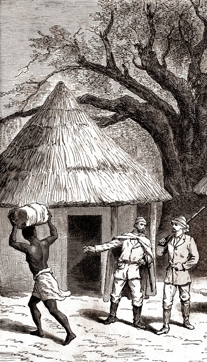 非洲小屋前的探险者和搬运工，1887 年（蚀刻版画） 作者 