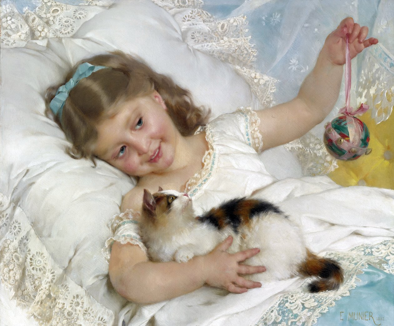Child and cat par Munier, Emile (1840-1895). Oil on canvas, size : 54,6x65,4, , Private Collection 作者 埃米尔穆尼尔