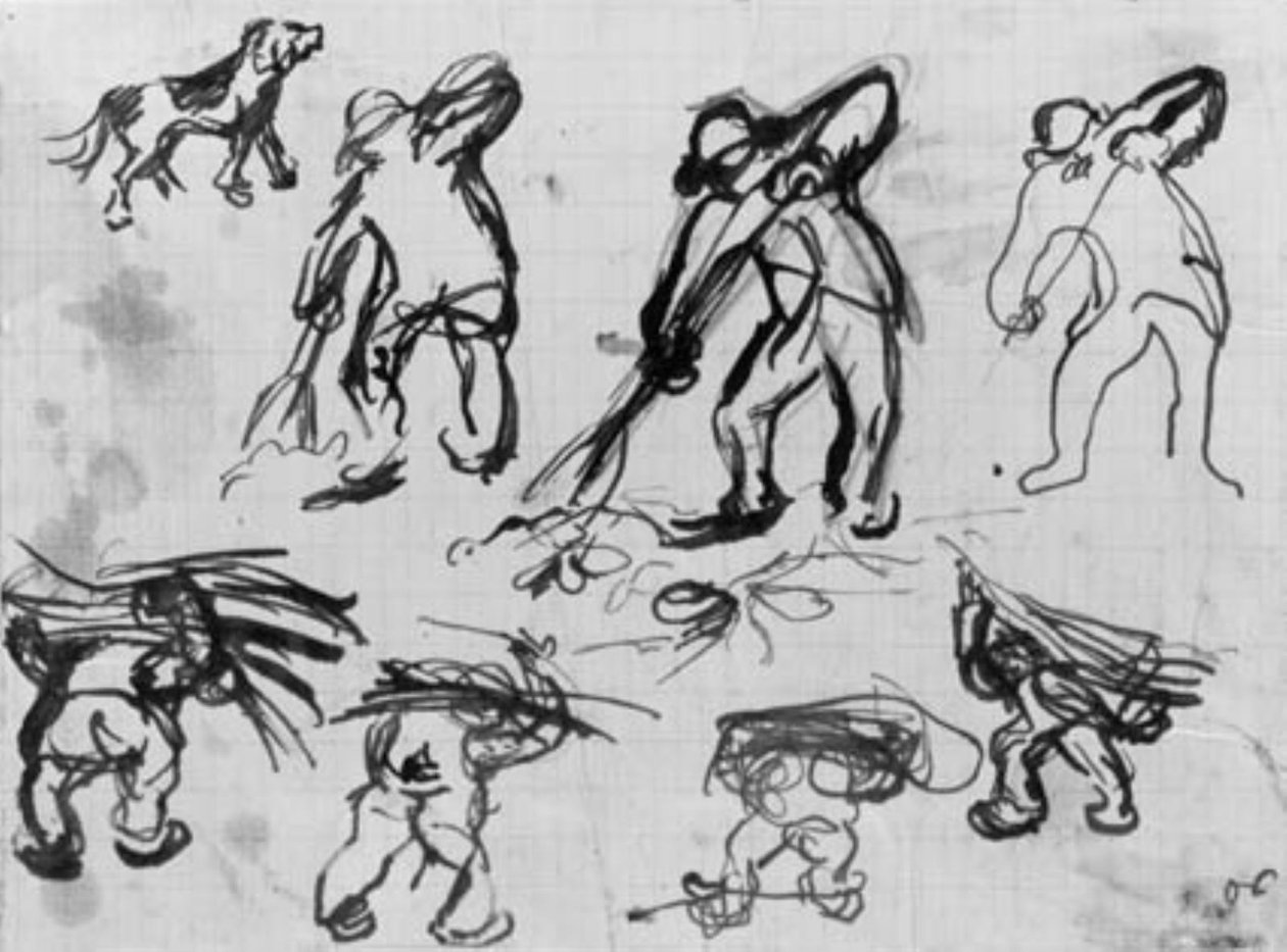 七幅男人挖土、扛柴的素描和一幅狗的素描。 作者 埃米尔·奥东·弗里斯