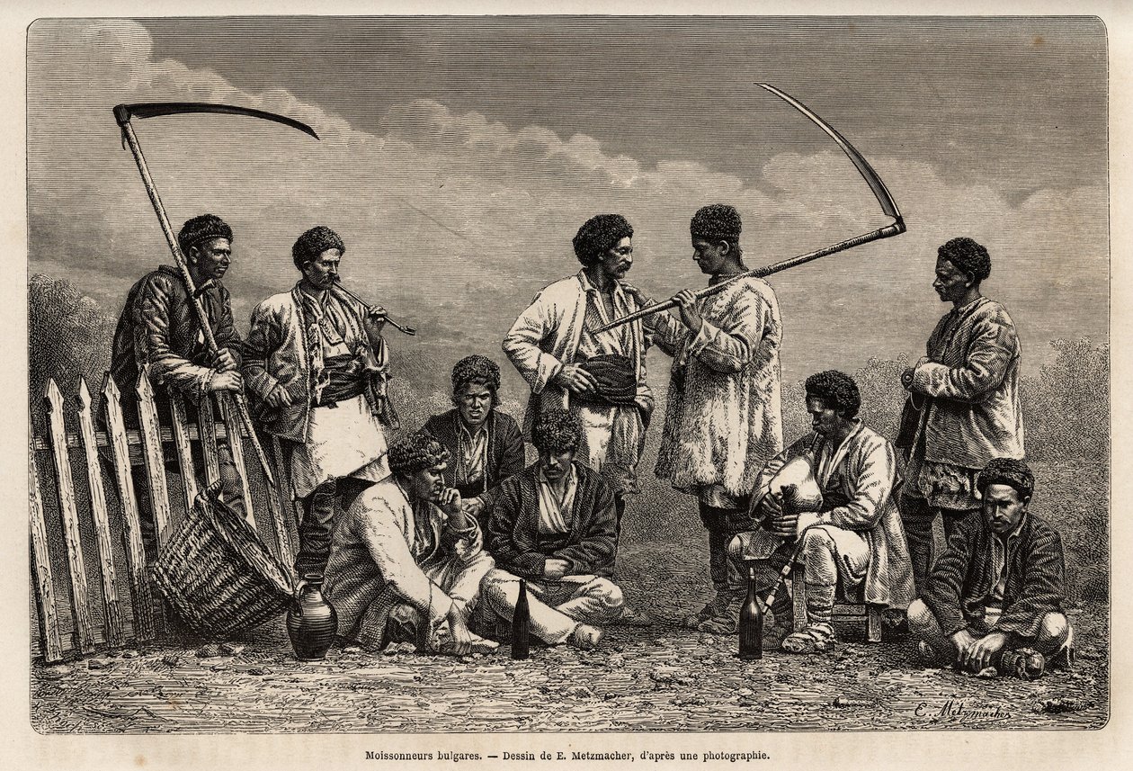 The Bulgarian harvesters, during their break, with their fake and the objects of their daily laborious: pipe, bottle of wine and a kind of biniou, engraving after the drawing by E.Metzmacher, illustrating the journey to Bulgaria, by Guillaume Lejean, in 18 作者 埃米尔·皮埃尔·梅茨马赫（Emile Pierre Metzmacher）