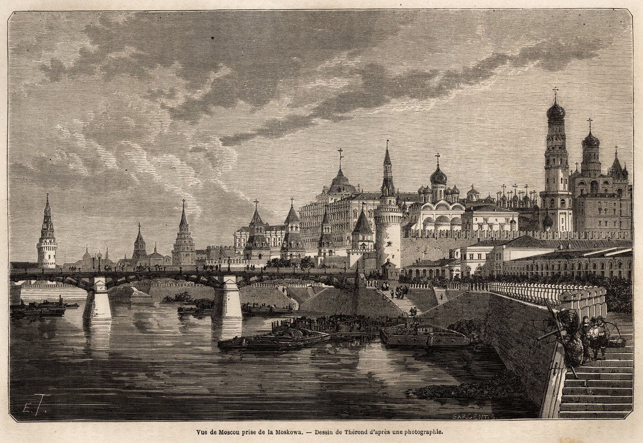 莫斯科全景，取自 Moskowa，由 Therond 绘制，描绘了法国驻华公使德·波布隆先生 1859 年至 1862 年从上海到莫斯科的旅程。 雕刻在“Le tour du monde”，Edouard Charton 编辑 作者 埃米尔·西奥多·塞隆德