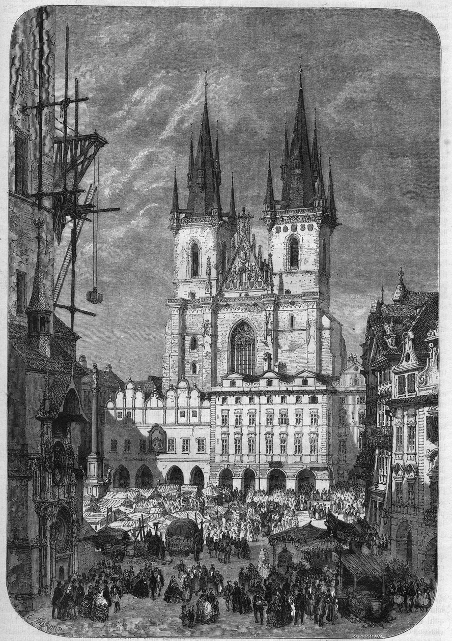 哥特式建筑：布拉格的泰恩圣母教堂（Teynkirche）的外景。它的建设从14世纪半叶持续到16世纪。特朗德在 "Le Magasin Picturesque "中的雕刻作品 作者 埃米尔·西奥多·塞隆德