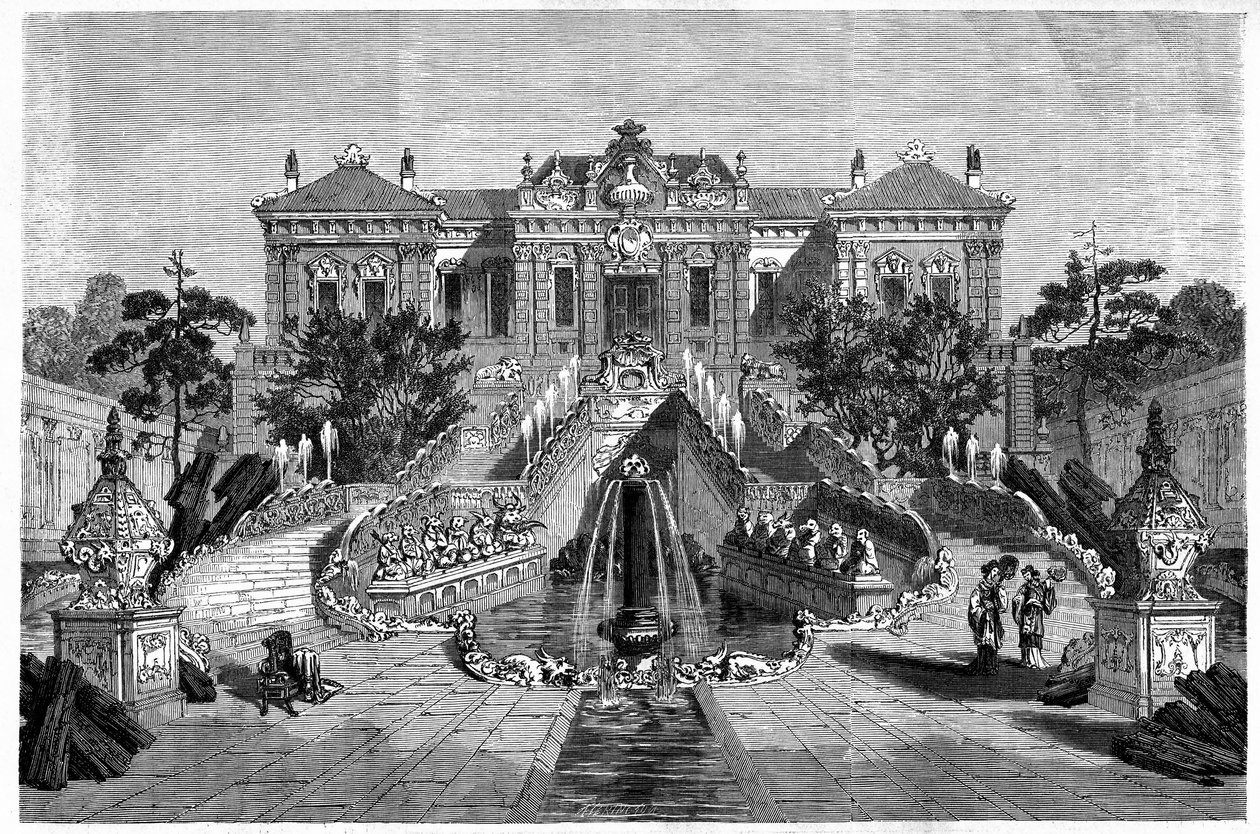 海盐堂是北京（北京）伊特宫内的西洋建筑。 由 Therond 绘制的版画，“” Le Tour du Monde, Nouveau journal des Voyages ”，Edouard Charton 编辑，巴黎 作者 埃米尔·西奥多·塞隆德