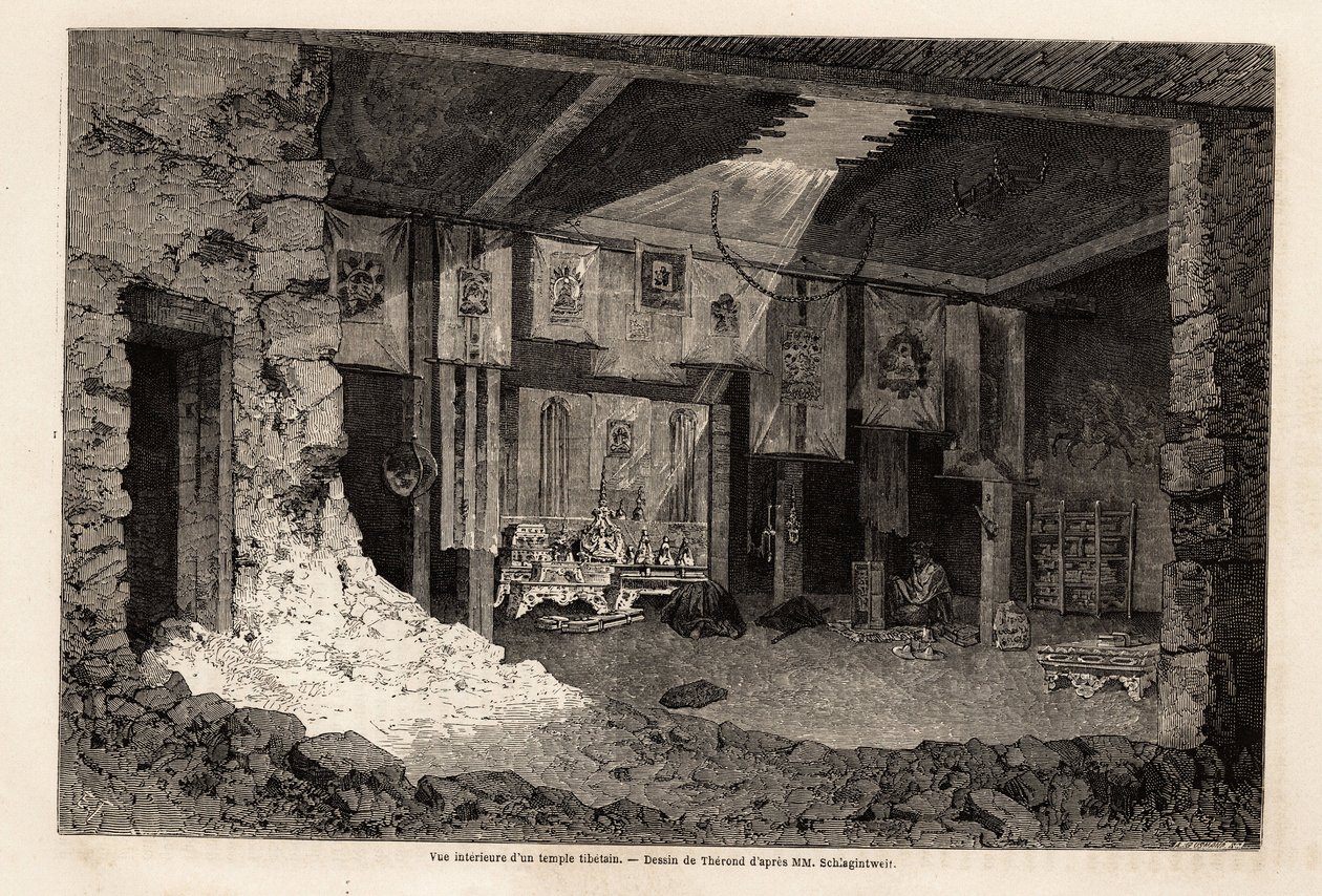 西藏寺庙的内部视图，由 Therond 绘制，以说明 Vivien de Saint Martin 对 1862 年地理年份的回顾。 雕刻在“Le tour du monde”，Edouard Charton 编辑 作者 埃米尔·西奥多·塞隆德