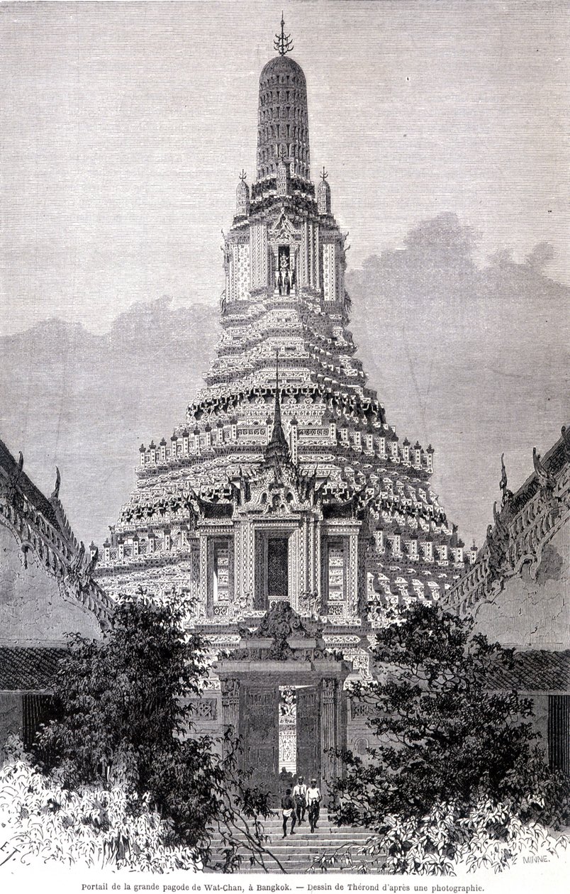 曼谷大 Wat-Chan 宝塔的门户。 Thérond 的绘画。 作者 埃米尔·西奥多·塞隆德