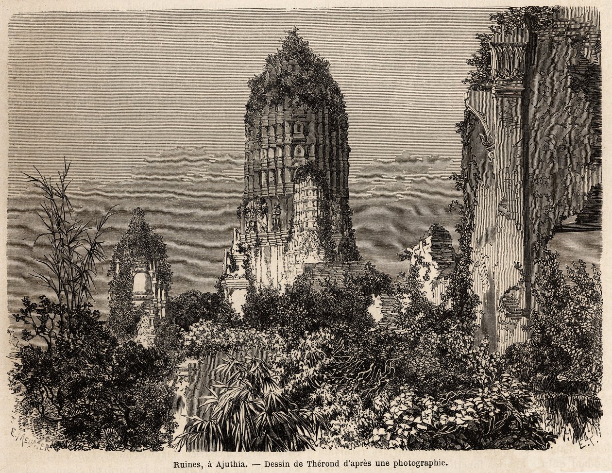The ruins taken in the vegetation of the jungle, in Ajuthia (Thailand), drawing by Therond, to illustrate the journey through the kingdoms of Siam, Cambodia and Laos, from 1858 to 1861, by Henri Mouhot. Engraving in “” Le tour du monde””, edited by Edouard 作者 埃米尔·西奥多·塞隆德