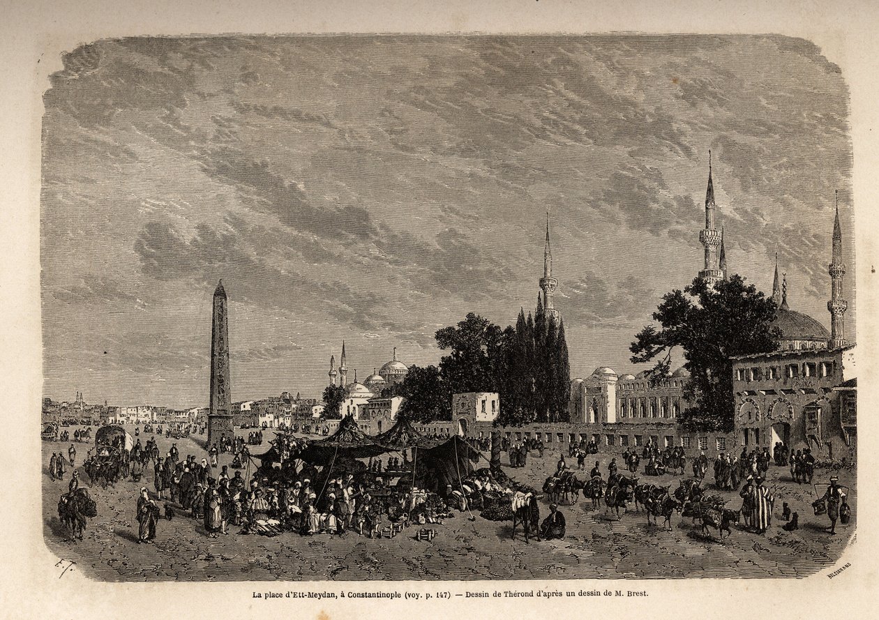 君士坦丁堡Ett Meydan广场（今土耳其Istamboul），Therond绘制，用于说明F.Jerusalemy于1862年撰写的关于土耳其妇女的研究。爱德华-沙尔东编辑的 "世界之旅 "中的版画。 作者 埃米尔·西奥多·塞隆德