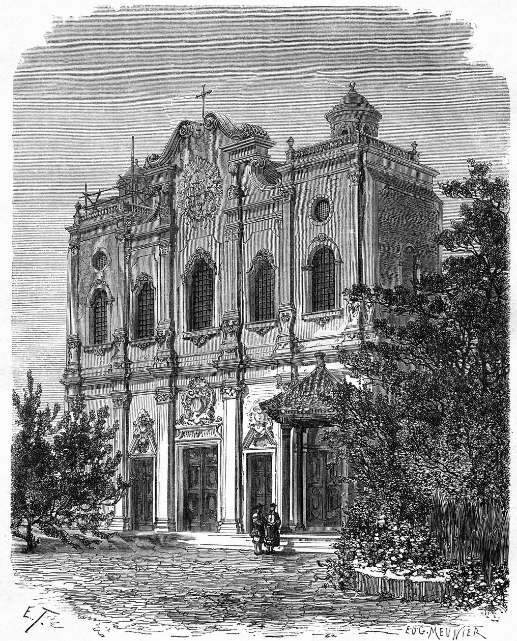 View of the facade of the cathedral of Nantang, built on the site of the house of Matteo Ricci (1552-1610), father of Catholicism in China. Engraving after a drawing by Therond, in “” Le Tour du Monde, Nouveau journal des Voyages””, edited by Edouard Chart 作者 埃米尔·西奥多·塞隆德