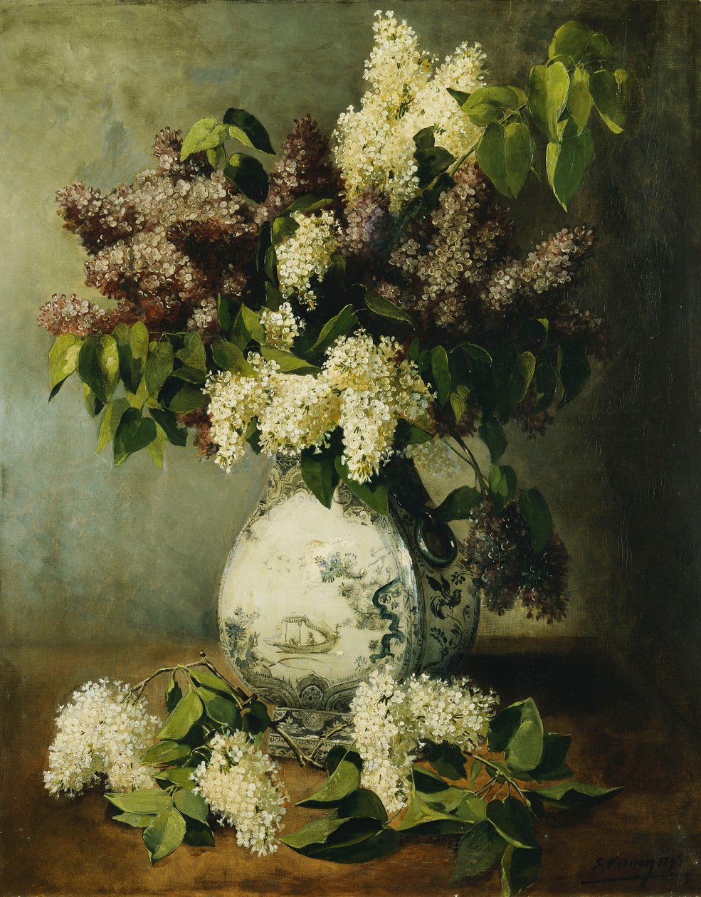 代尔夫特花瓶中的丁香花，1895年 作者 埃米尔·弗农（Emile Vernon）