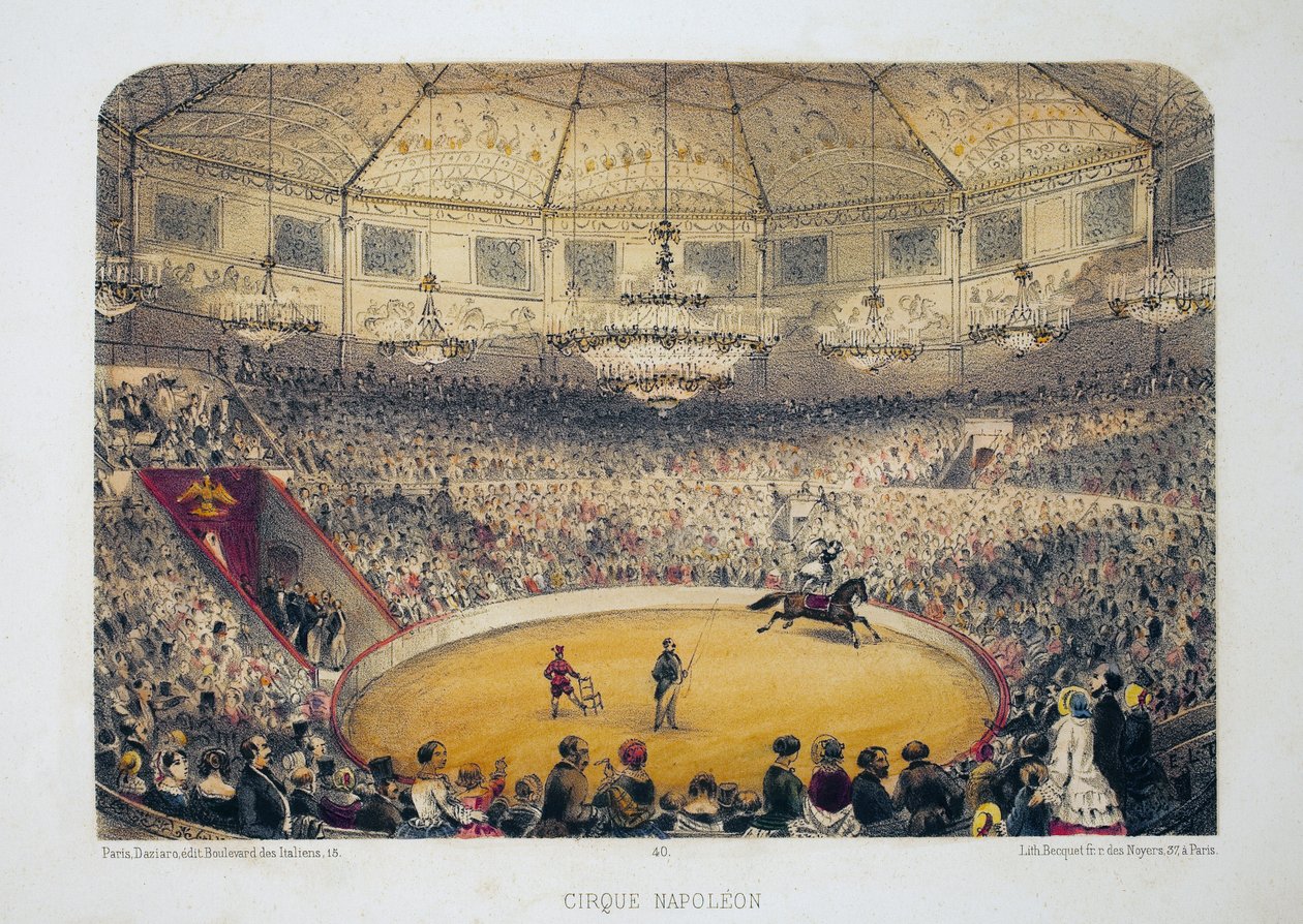 拿破仑马戏团（现在的冬季马戏团，巴黎阿姆洛街）。 石版画水彩画，E.de la Tramblaiz 插图，收录于“专辑，巴黎纪念品”，Daziaro 编辑，巴黎 作者 埃米尔·德拉特拉布莱斯