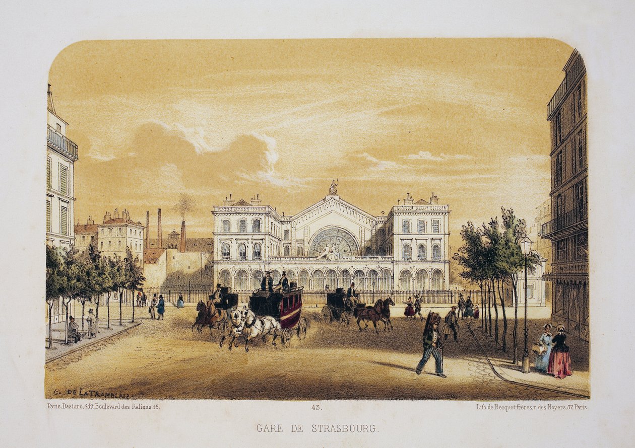 斯特拉斯堡火车站（现巴黎东站）。平版印刷水彩画，E.de la Tramblaiz 插图，载于《巴黎纪念册》，Daziaro 编辑，巴黎 作者 埃米尔·德拉特拉布莱斯
