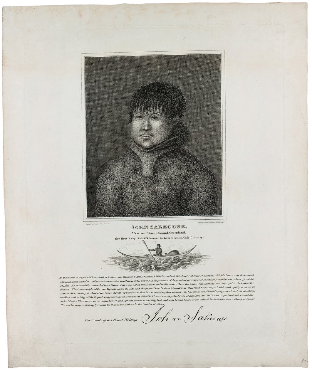 约翰·萨克斯（John Sakeouse），格陵兰岛雅各布峡湾（Jacob Sound）的土生土长的人，1843年在这个国家出名的第一个Esquimaux 作者 艾米莉亚·安德森（Emilia Anderson）