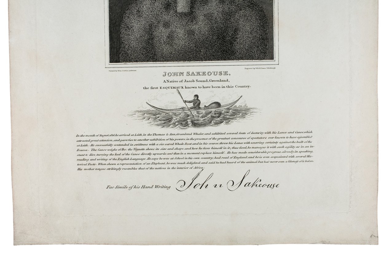 约翰·萨克斯（John Sakeouse），格陵兰岛雅各布峡湾（Jacob Sound）的土生土长的人，1843年在这个国家出名的第一个Esquimaux 作者 艾米莉亚·安德森（Emilia Anderson）