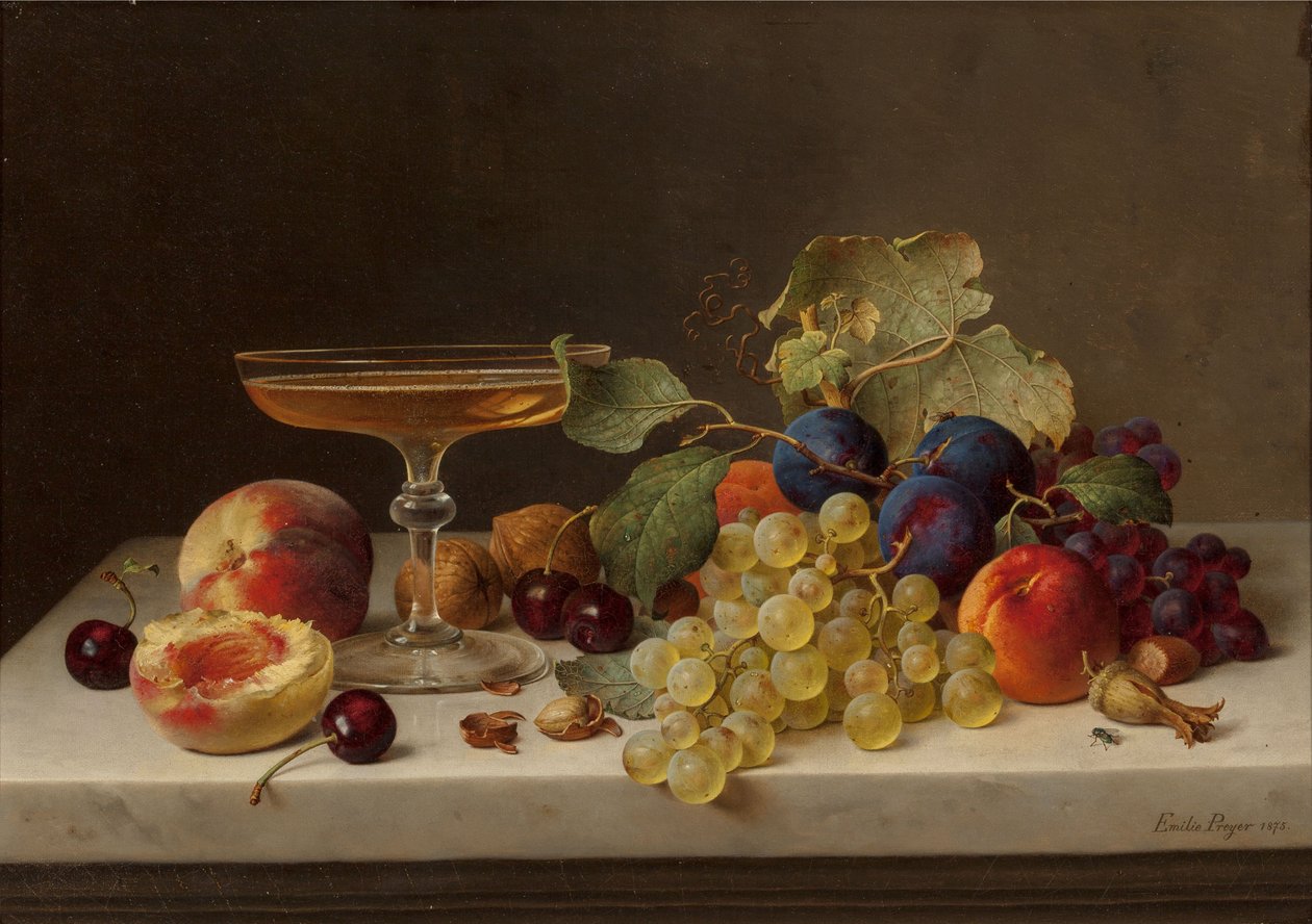 静物与夏季水果和香槟，1875年。 作者 埃米莉·普雷耶（Emilie Preyer）