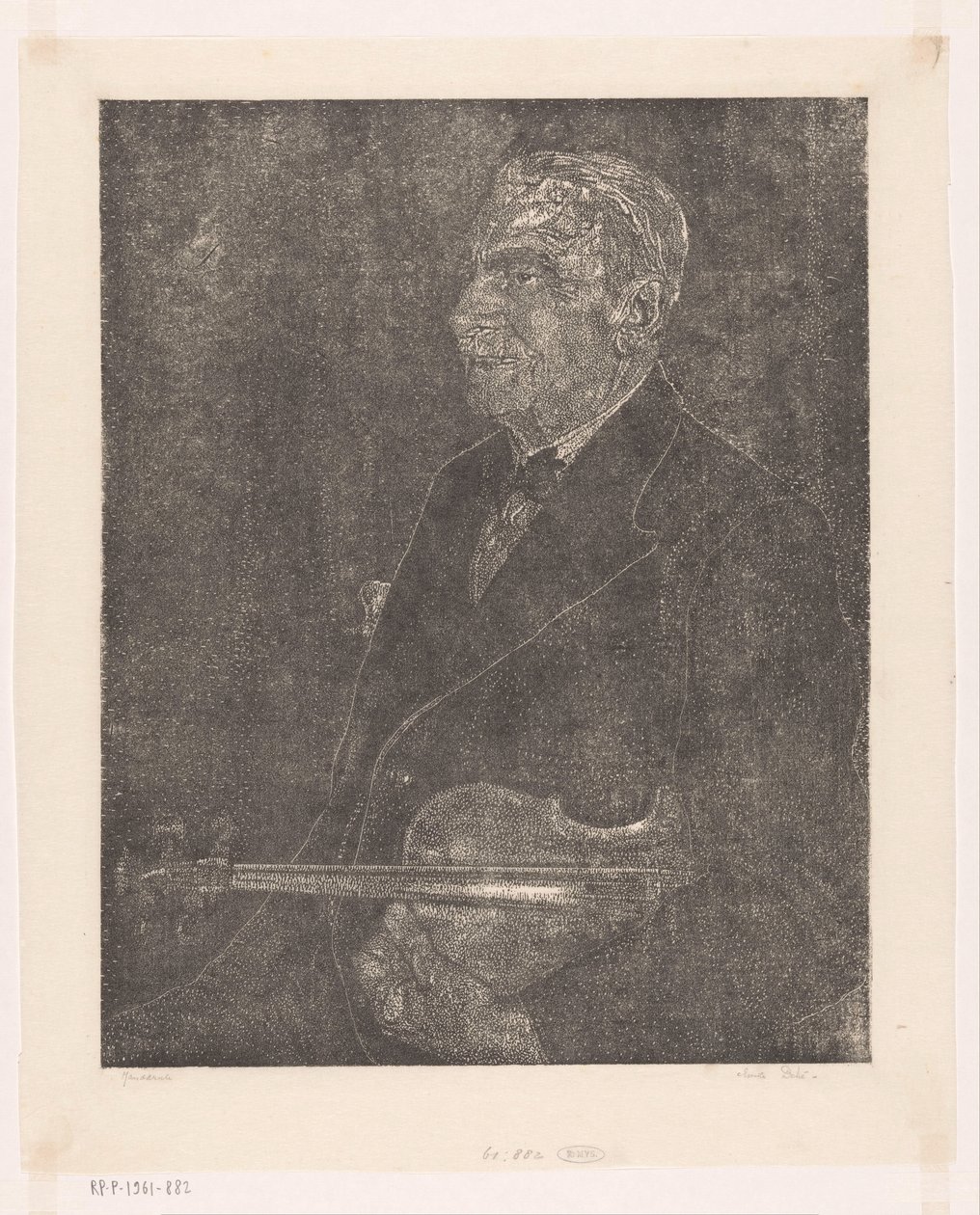 艺术家父亲拉小提琴的肖像 作者 Emilius Wilhelmus Dehé（艺术家签名）