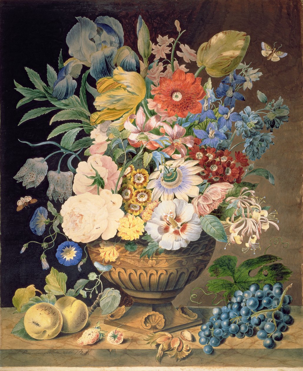 鲜花和水果，1828年（纸上写着） 作者 艾玛·西莱特（Emma Sillett）