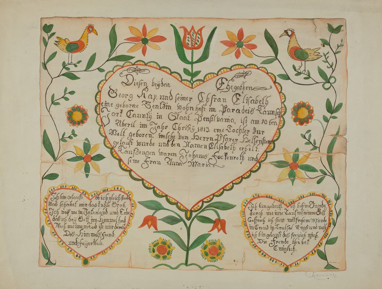Fraktur - 出生和洗礼证书 作者 艾玛·M·克鲁姆林