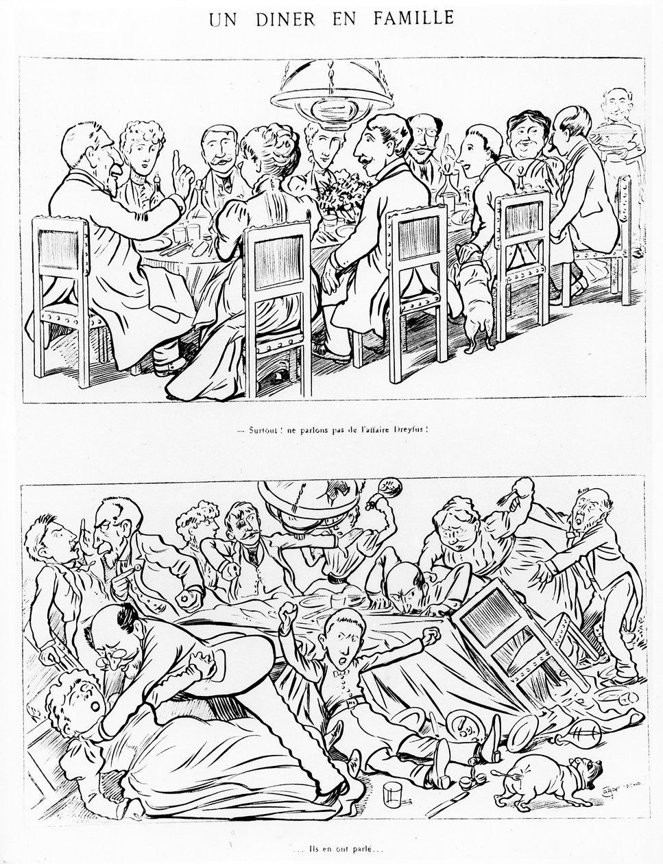 在谈到Dreyfus事件之前和之后的家庭晚宴的漫画，c.1894 作者 伊曼纽尔·波瓦尔（Emmanuel Poire）Caran D'Ache