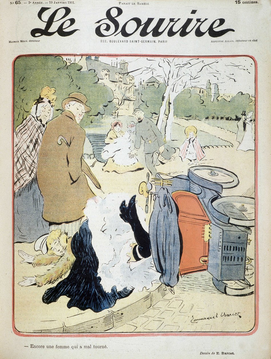 车祸。"另一个出错的女人"。埃马纽埃尔-巴尔塞特（1870-1940）的插图--载于1901年1月19日的《微笑》杂志。 作者 伊曼纽尔·巴塞特（Emmanuel Barcet）