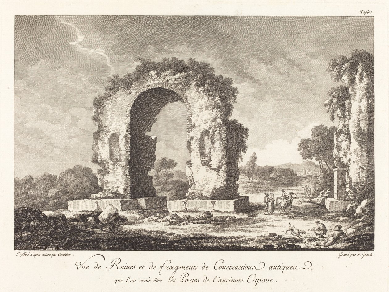 古代卡普亚的废墟和古代建筑的碎片......的景观 作者 Emmanuel Jean Nepomucène de Ghendt 模仿 Claude Louis Châtelet