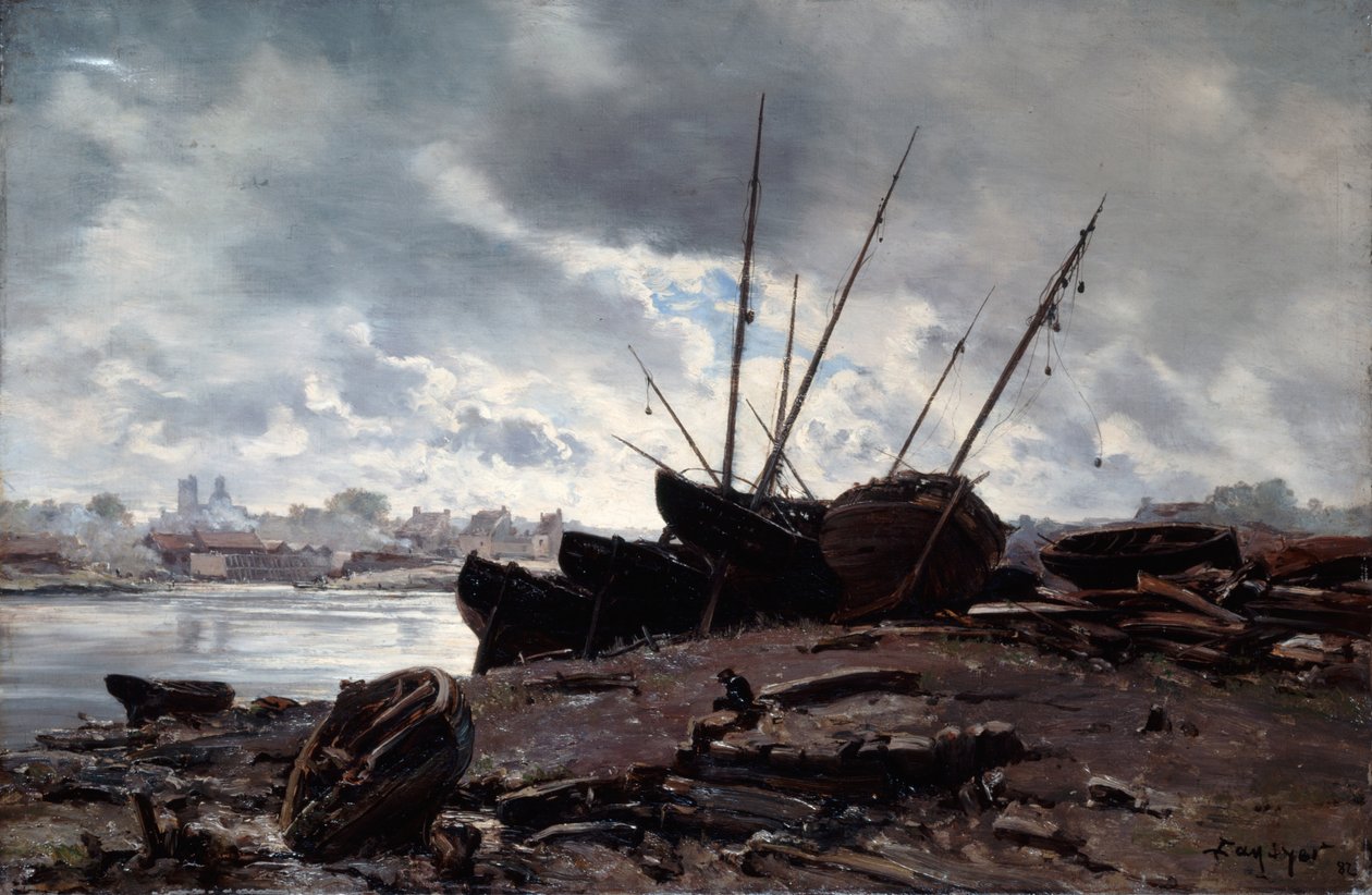 等待潮汐的船只，1882年。 作者 伊曼纽尔·兰瑟（Emmanuel Lansyer）