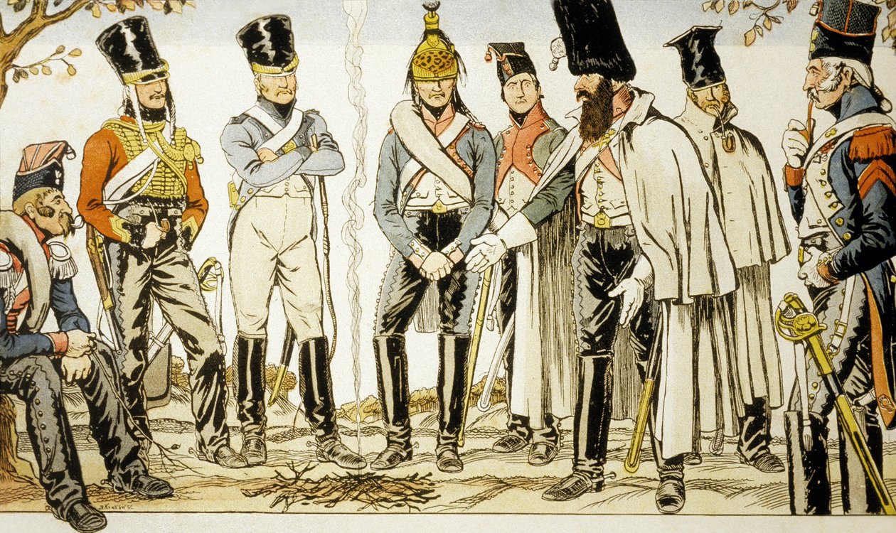 1810 年法兰西军队（Armee Francaise 1810），从左到右：骑马者兰西埃（Marco-leger lancier）、乌扎德（Houzard）、骑手杜特伦（Dutrain Dragon）。 作者 伊曼纽尔·波瓦尔（Emmanuel Poire）Caran D'Ache