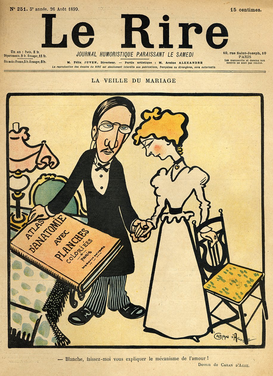 婚礼前一天，1899年8月26日“Le Rire”封面上的卡通片 作者 伊曼纽尔·波瓦尔（Emmanuel Poire）Caran D'Ache