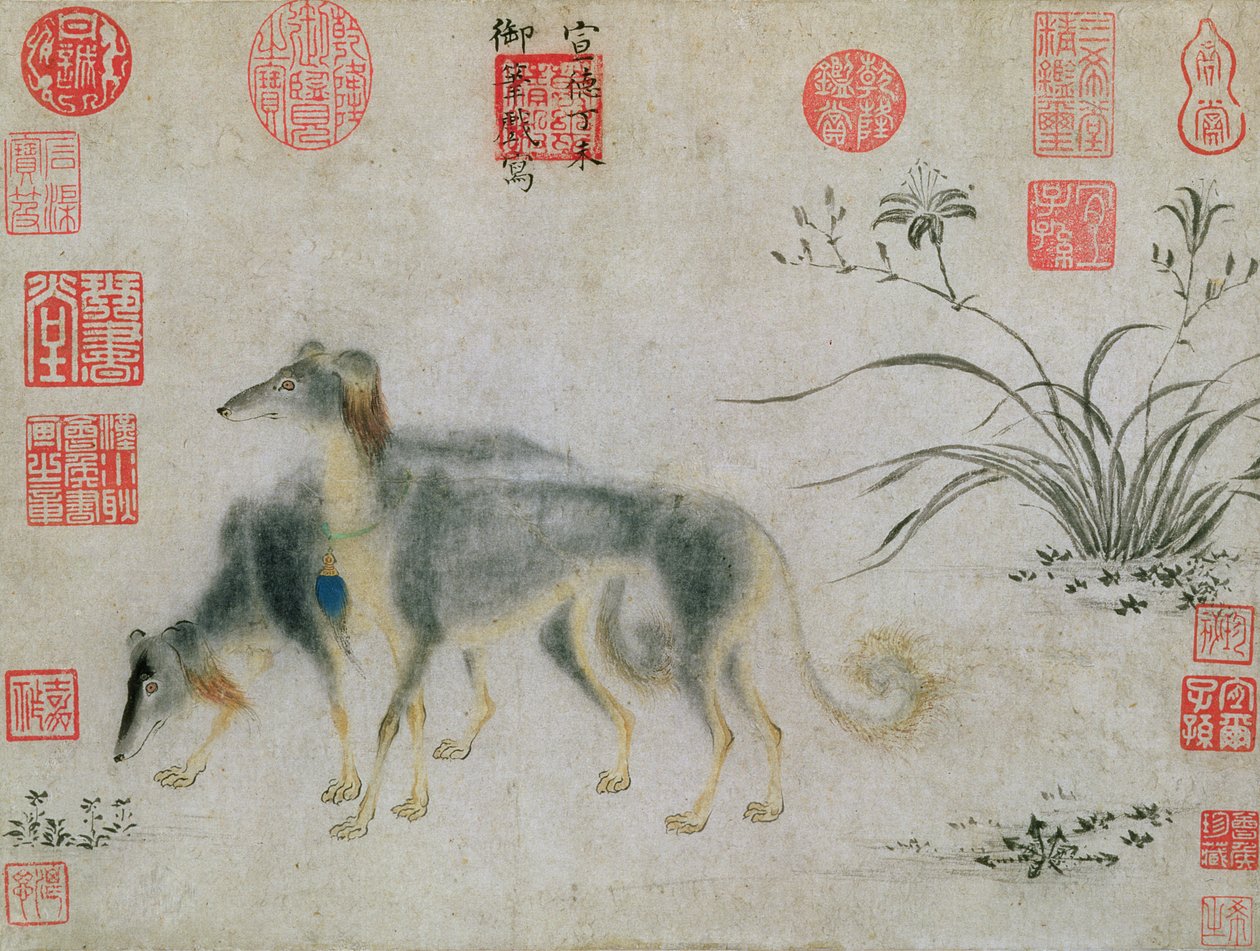 两个Saluki猎犬，1427（墨水在纸上） 作者 宣宗皇帝