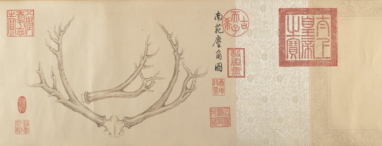 两幅鹿角画，日期为1762年和1767年。 作者 乾隆皇帝
