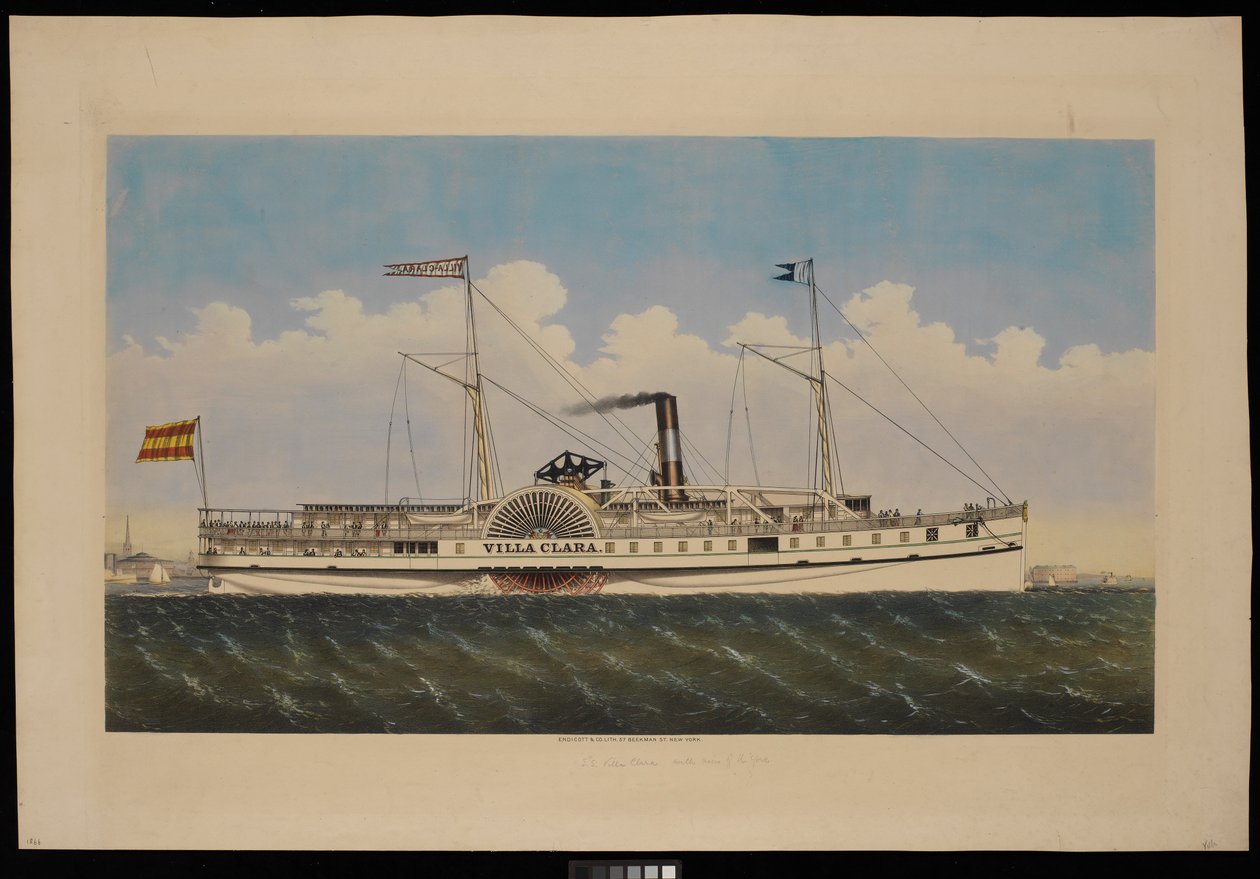 S.S. Villa Clara 号与纽约景观（石版画，彩色） 作者 恩迪科特恩迪科特