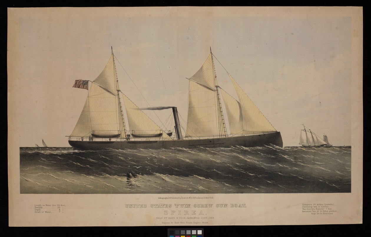 美国双螺旋炮艇。Spirea号。由 Saml H Pouk Fairhaven Conn.1864年......（石版画，彩色） 作者 恩迪科特恩迪科特