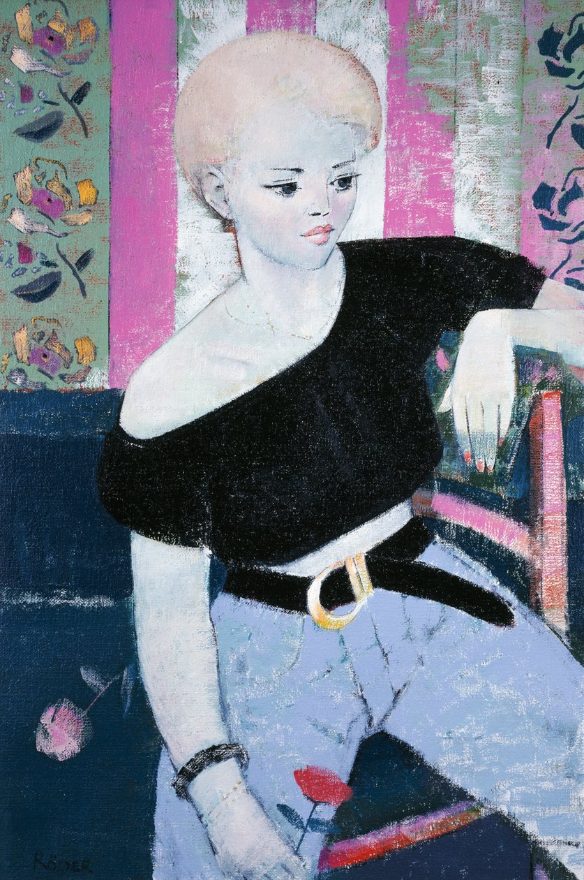 带玫瑰的女孩（布面油画 作者 恩德·罗德（Endre Roder）