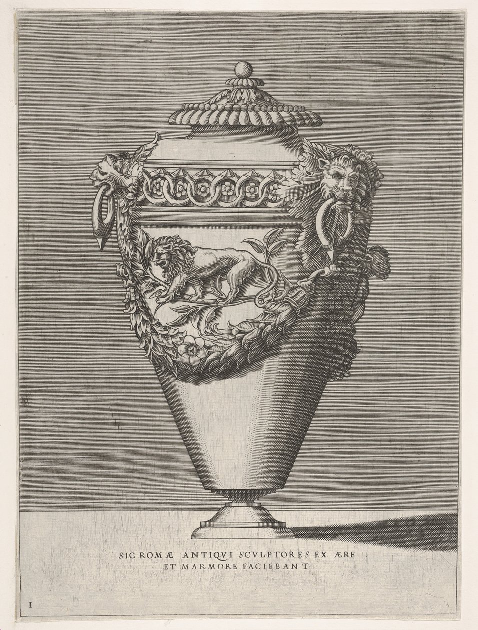 1543年或之后的古董花瓶盖缸，饰有Vases ...钻石戒指和狮子图案。 作者 Enea Vico