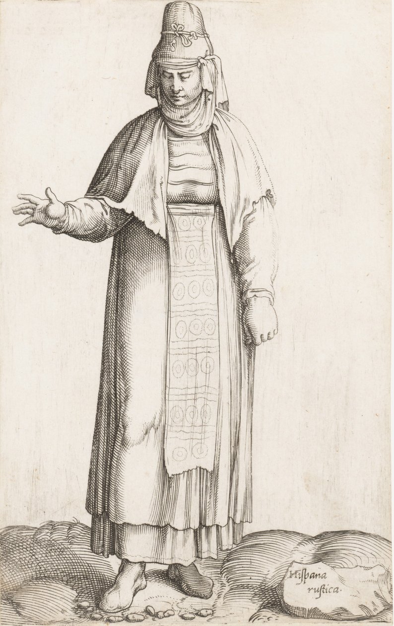 服装板：Hispana Rustica，岩石上有标签，约1557-58年。 作者 Enea Vico