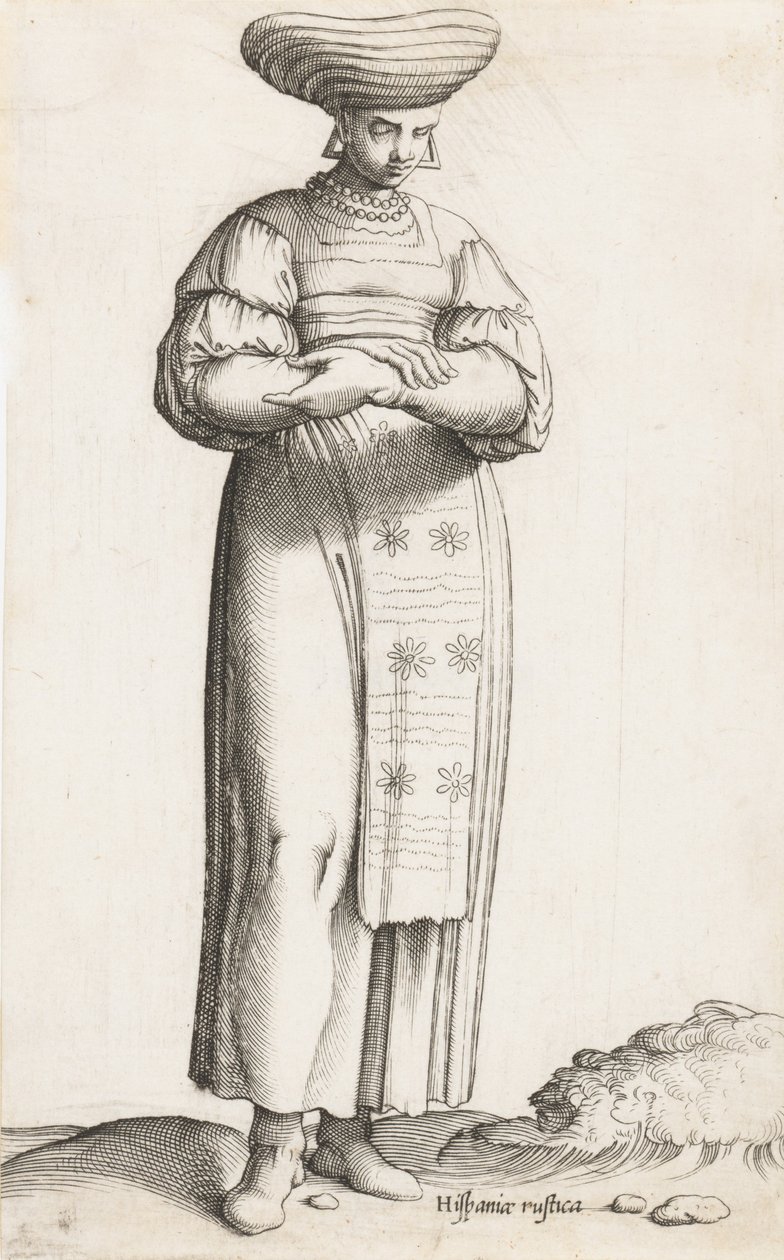 服装板：Hispania Rustica mul.地面上有标签，约1557-58年。 作者 Enea Vico