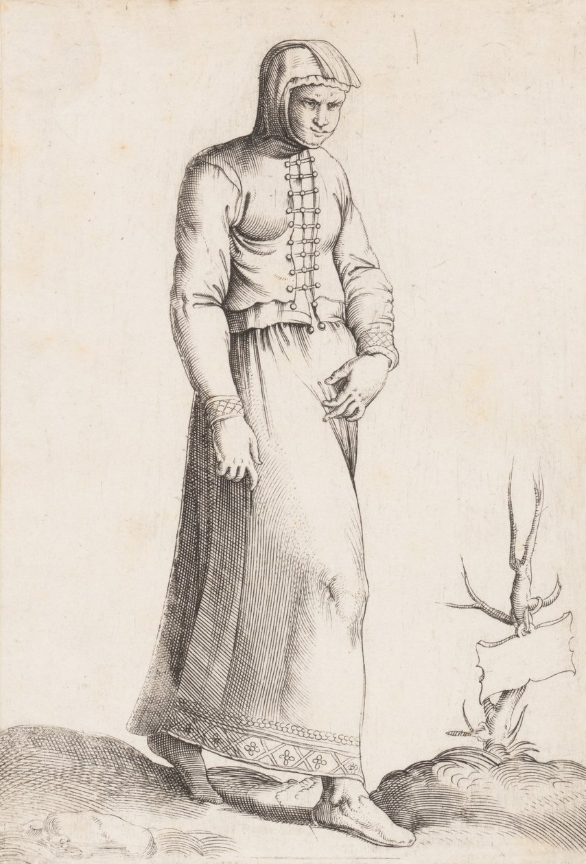 服装板：带帽衫的女人，约1557-58年。 作者 Enea Vico