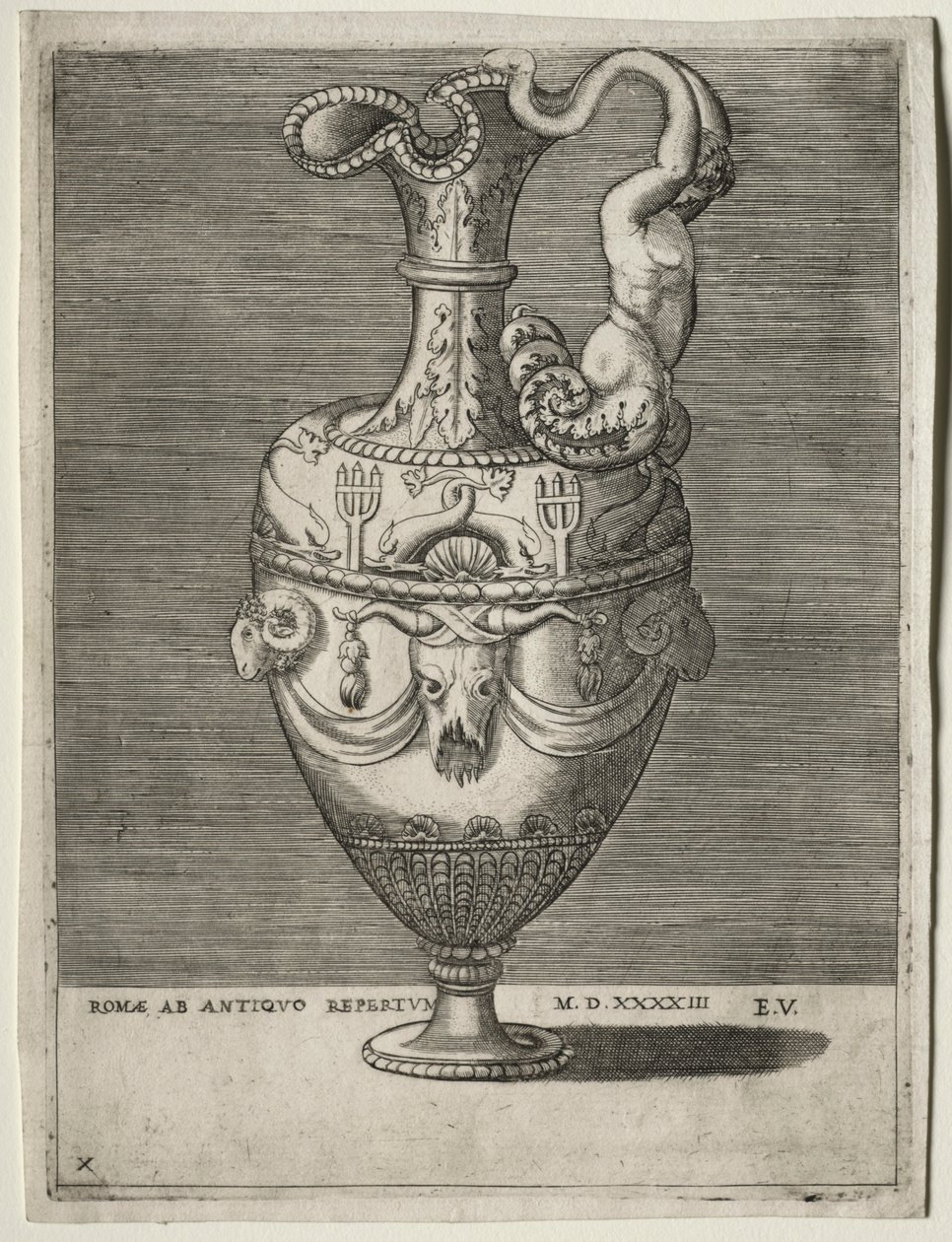 饰有海豚的陶器，1543年。 作者 Enea Vico