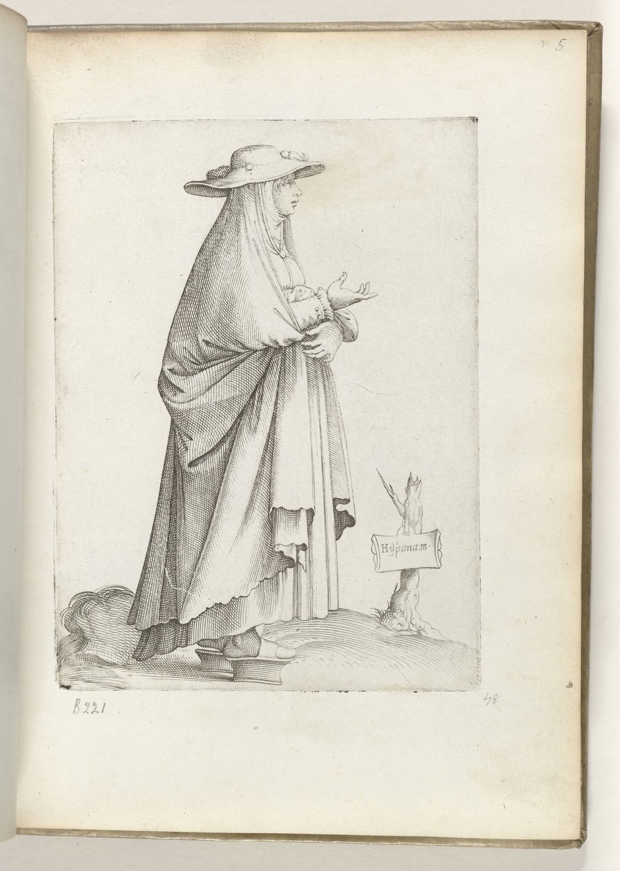 Hispana m（ulier）（物品上的标题）
右侧身着西班牙服饰的女子，约 1550 年
Diversarum gentium nostrae aetatis habitus（系列标题） 作者 Enea Vico