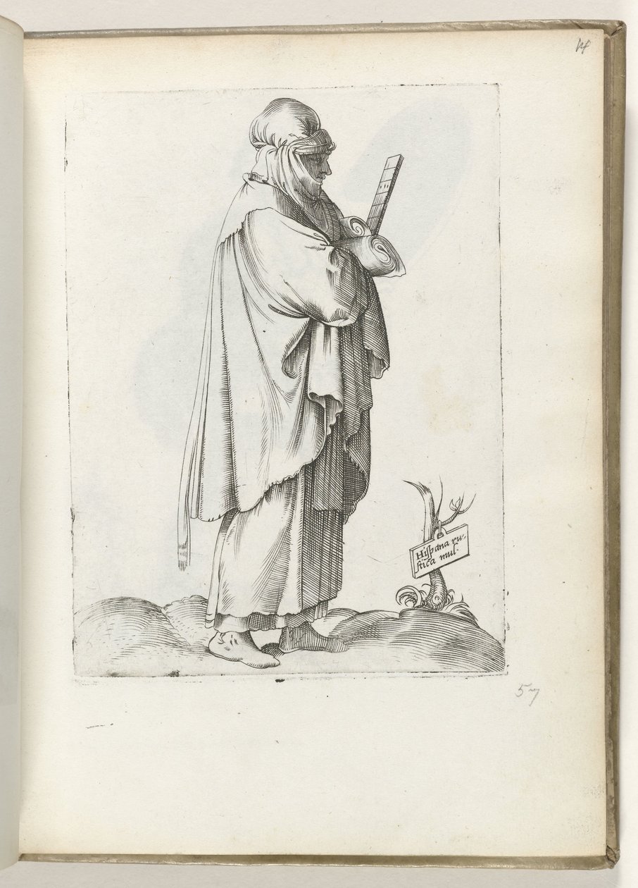 Hispana rustica mul（物品上的标题）
右侧身着西班牙服饰的女子，约 1550 年
Diversarum gentium nostrae aetatis habitus（系列标题） 作者 Enea Vico