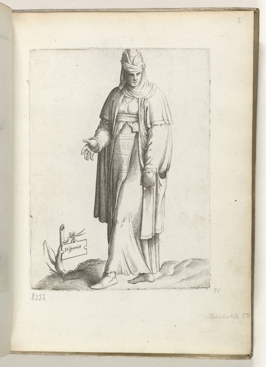 西班牙（物品上的标题）
身着西班牙服饰的女子，约 1550 年
Diversarum gentium nostrae aetatis habitus（系列标题） 作者 Enea Vico